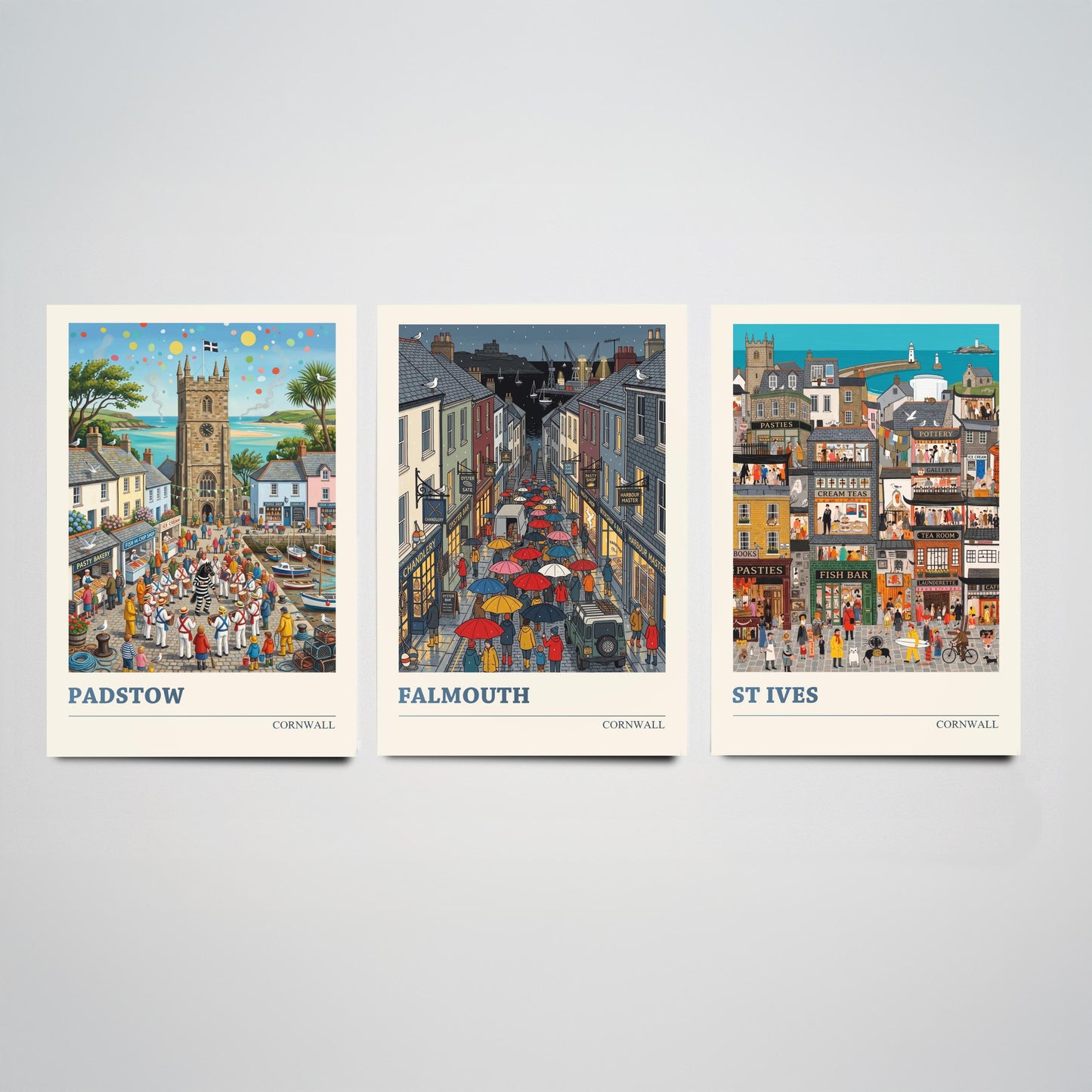 Cornwall Set of Three Art Prints - Padstow, Falmouth, St Ives - 3 Colourful Folk Illustration Travel Posters - Cornish Painting