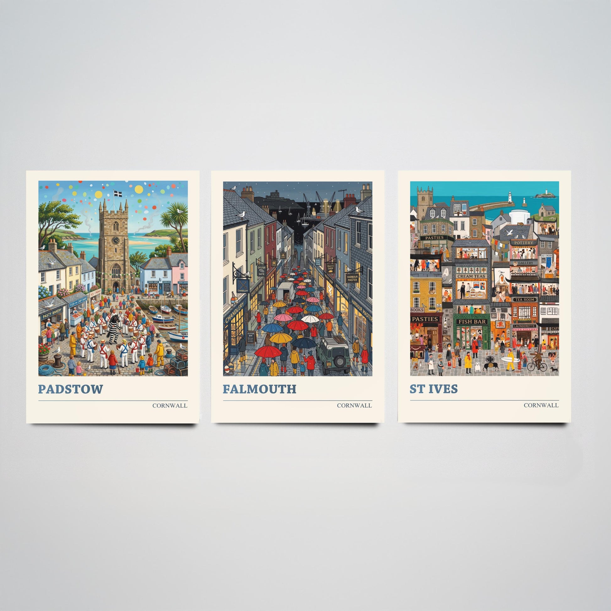 Cornwall Set of Three Art Prints - Padstow, Falmouth, St Ives - 3 Colourful Folk Illustration Travel Posters - Cornish Painting