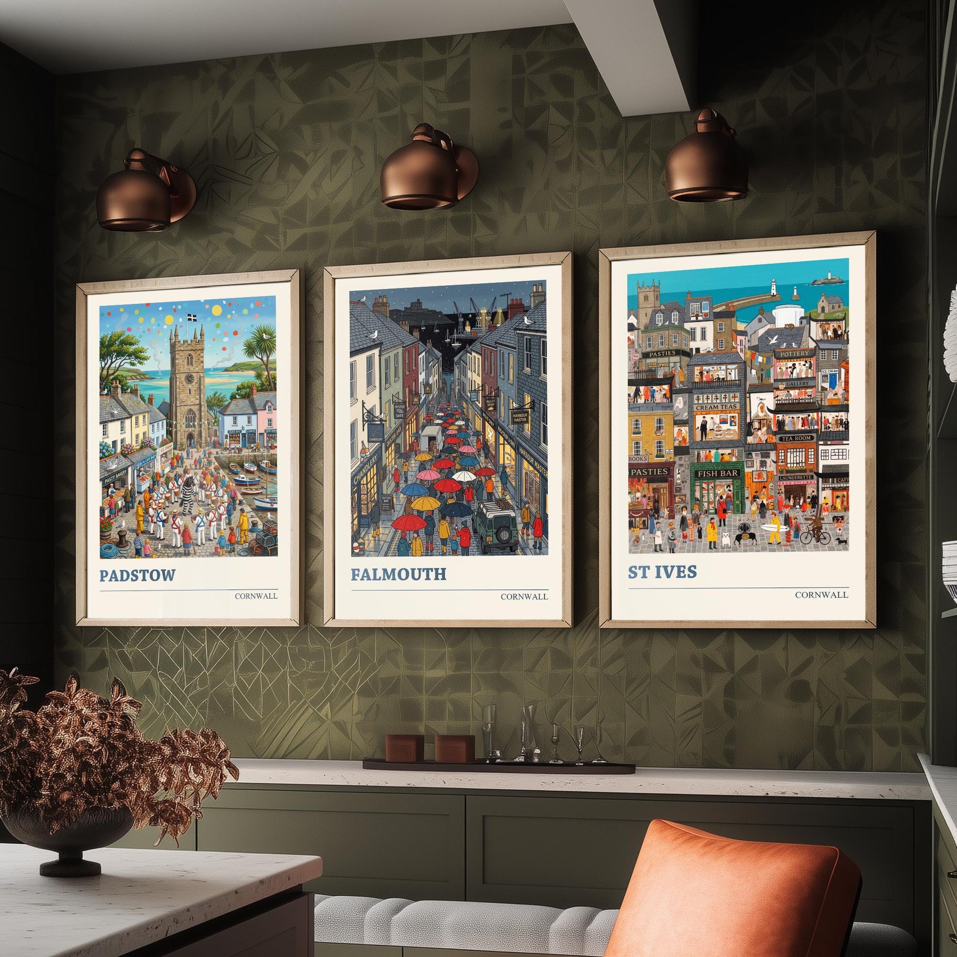 Cornwall Set of Three Art Prints - Padstow, Falmouth, St Ives - 3 Colourful Folk Illustration Travel Posters - Cornish Painting