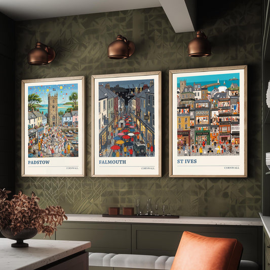 Cornwall Set of Three Art Prints - Padstow, Falmouth, St Ives - 3 Colourful Folk Illustration Travel Posters - Cornish Painting