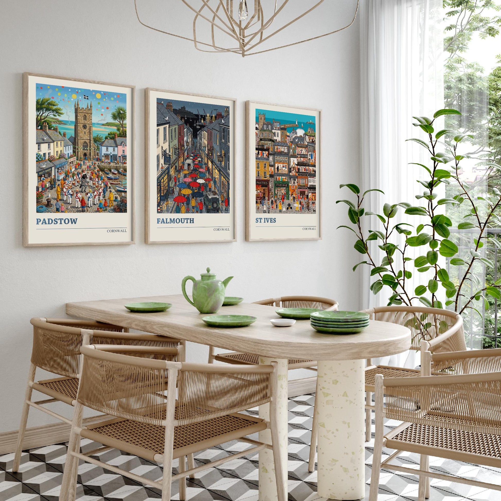 Cornwall Set of Three Art Prints - Padstow, Falmouth, St Ives - 3 Colourful Folk Illustration Travel Posters - Cornish Painting