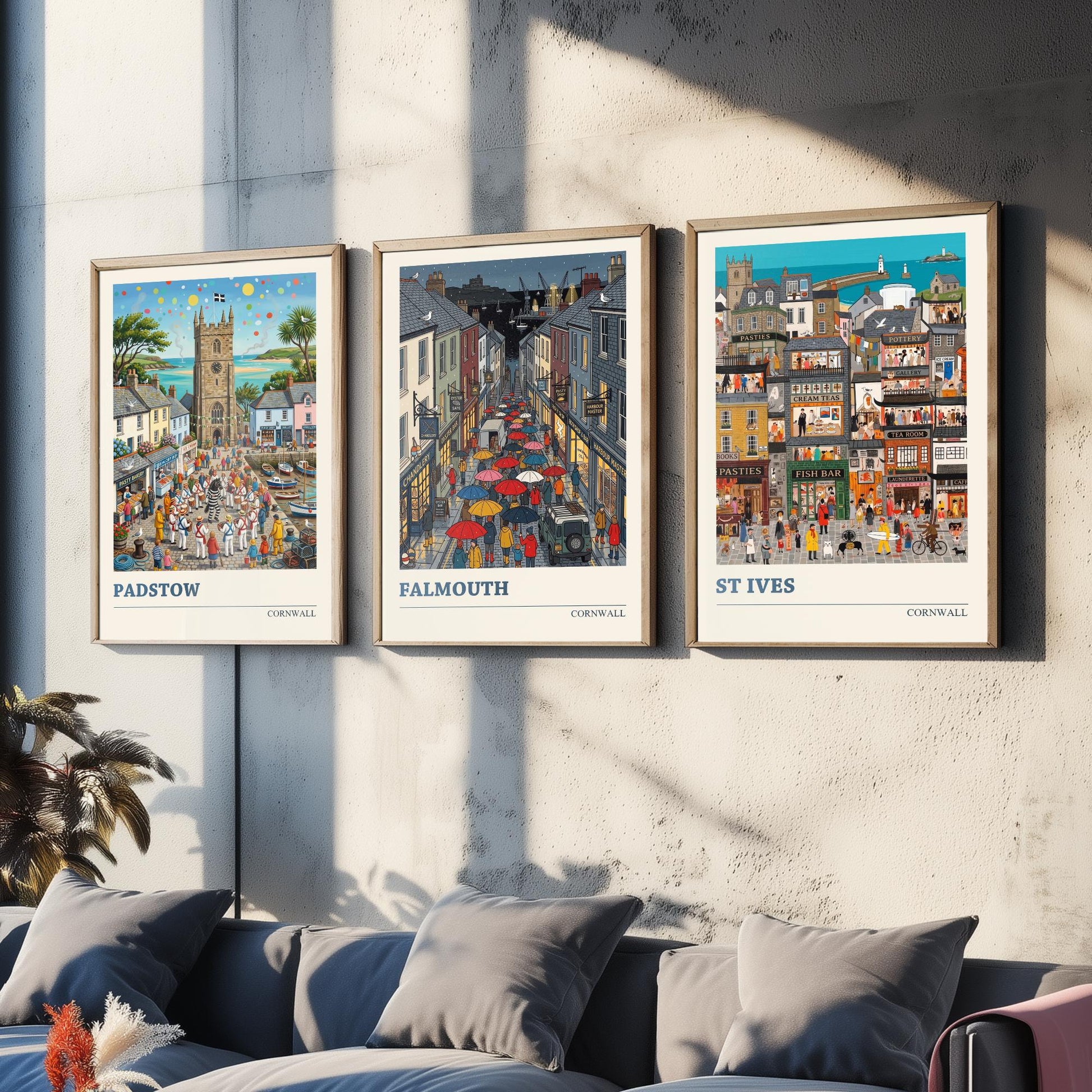 Cornwall Set of Three Art Prints - Padstow, Falmouth, St Ives - 3 Colourful Folk Illustration Travel Posters - Cornish Painting