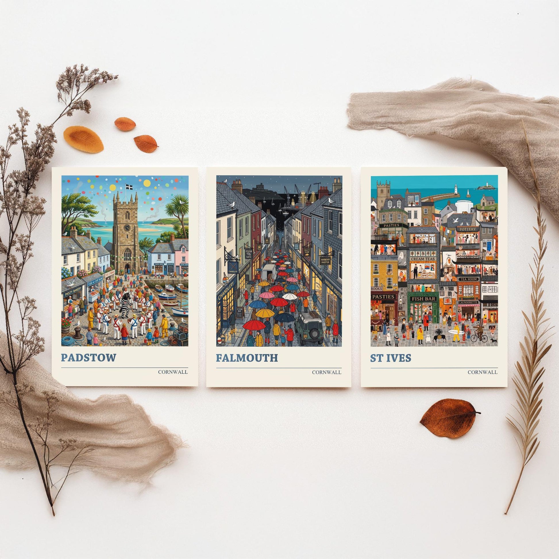 Cornwall Set of Three Art Prints - Padstow, Falmouth, St Ives - 3 Colourful Folk Illustration Travel Posters - Cornish Painting