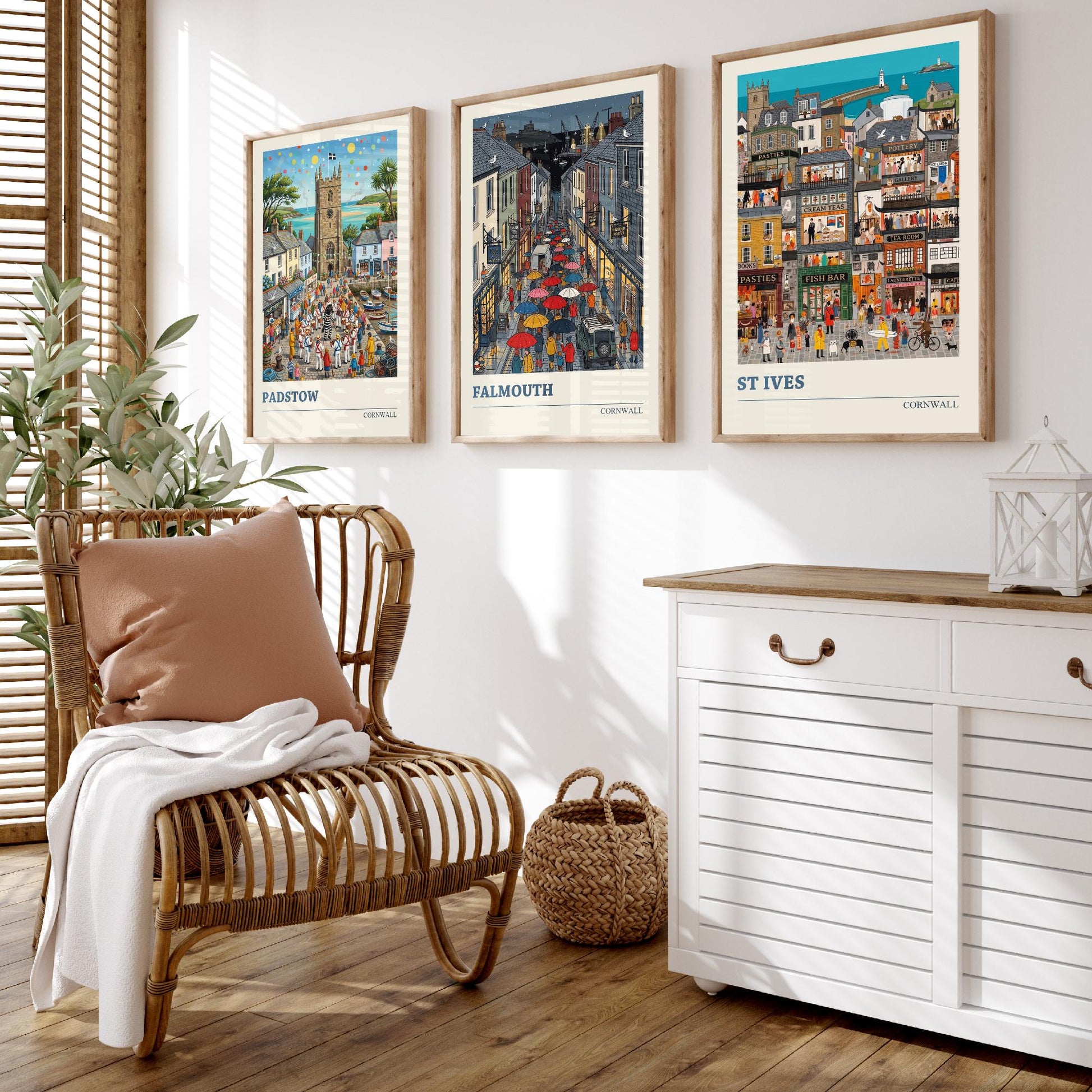 Cornwall Set of Three Art Prints - Padstow, Falmouth, St Ives - 3 Colourful Folk Illustration Travel Posters - Cornish Painting