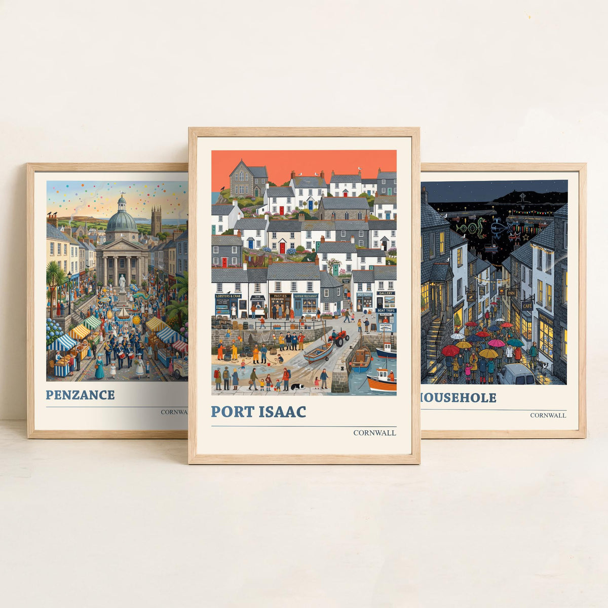Cornwall Set of Three Art Prints - Penzance, Mousehole, Port Isaac - 3 Colourful Folk Illustration Travel Posters - Cornish Painting