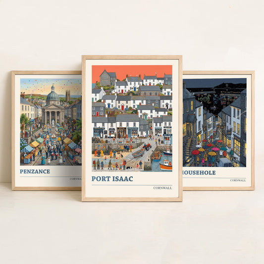 Cornwall Set of Three Art Prints - Penzance, Mousehole, Port Isaac - 3 Colourful Folk Illustration Travel Posters - Cornish Painting