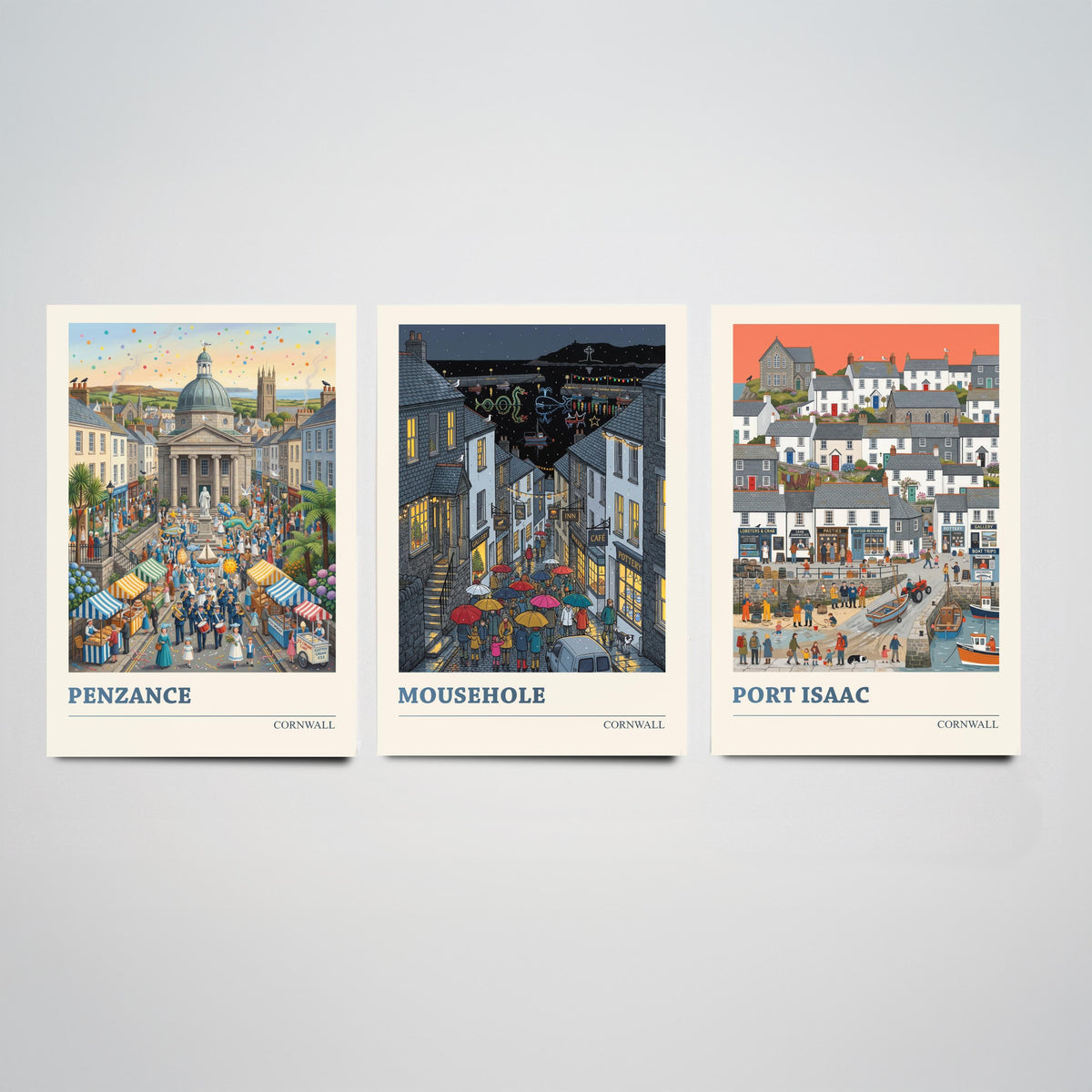 Cornwall Set of Three Art Prints - Penzance, Mousehole, Port Isaac - 3 Colourful Folk Illustration Travel Posters - Cornish Painting