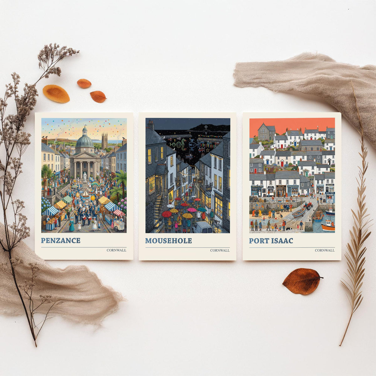 Cornwall Set of Three Art Prints - Penzance, Mousehole, Port Isaac - 3 Colourful Folk Illustration Travel Posters - Cornish Painting