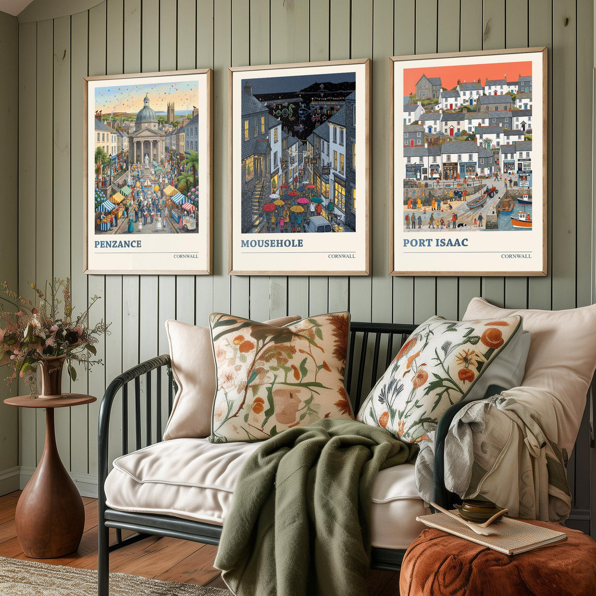 Cornwall Set of Three Art Prints - Penzance, Mousehole, Port Isaac - 3 Colourful Folk Illustration Travel Posters - Cornish Painting