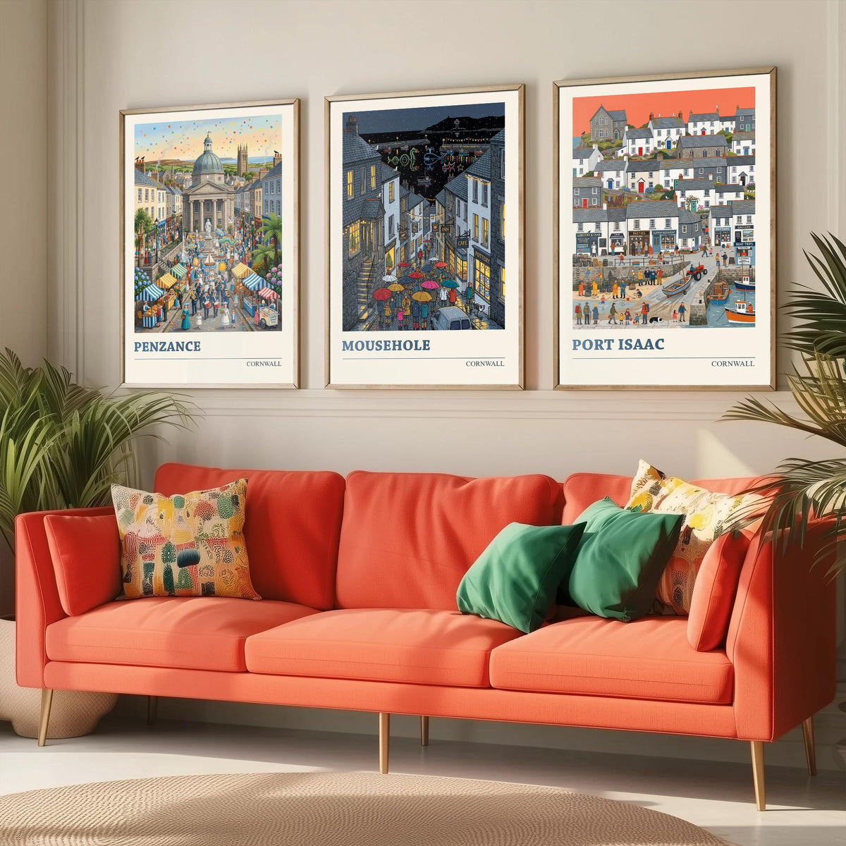 Cornwall Set of Three Art Prints - Penzance, Mousehole, Port Isaac - 3 Colourful Folk Illustration Travel Posters - Cornish Painting