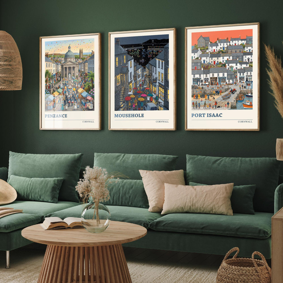 Cornwall Set of Three Art Prints - Penzance, Mousehole, Port Isaac - 3 Colourful Folk Illustration Travel Posters - Cornish Painting