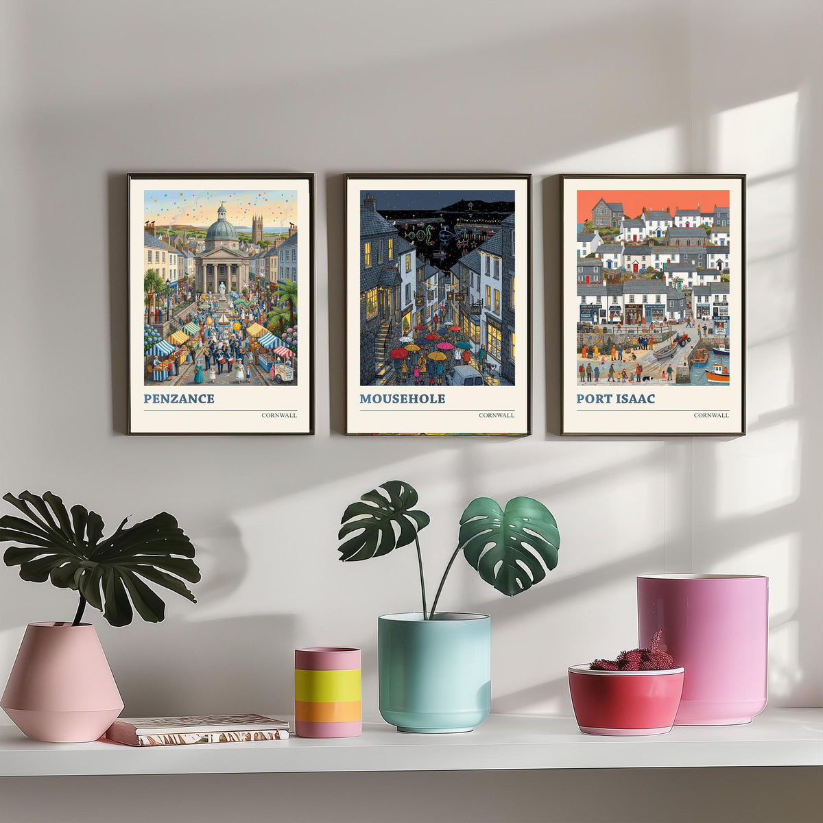 Cornwall Set of Three Art Prints - Penzance, Mousehole, Port Isaac - 3 Colourful Folk Illustration Travel Posters - Cornish Painting