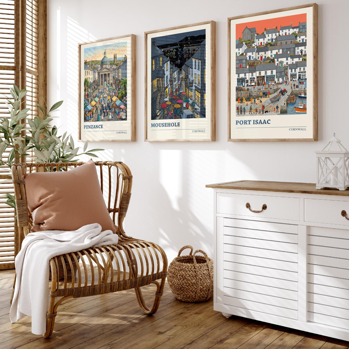 Cornwall Set of Three Art Prints - Penzance, Mousehole, Port Isaac - 3 Colourful Folk Illustration Travel Posters - Cornish Painting