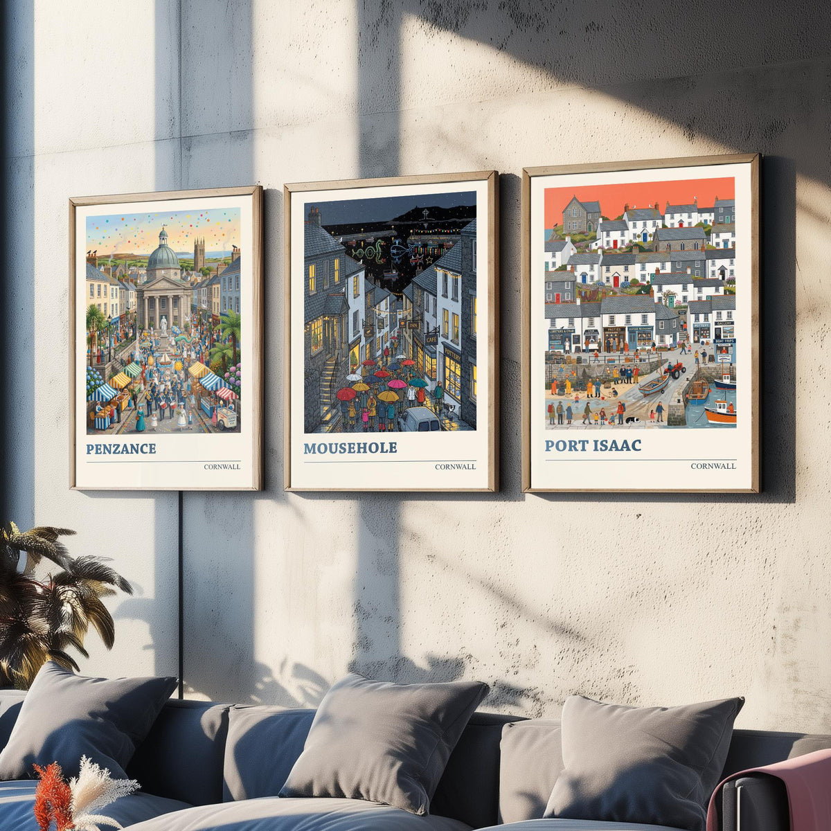 Cornwall Set of Three Art Prints - Penzance, Mousehole, Port Isaac - 3 Colourful Folk Illustration Travel Posters - Cornish Painting