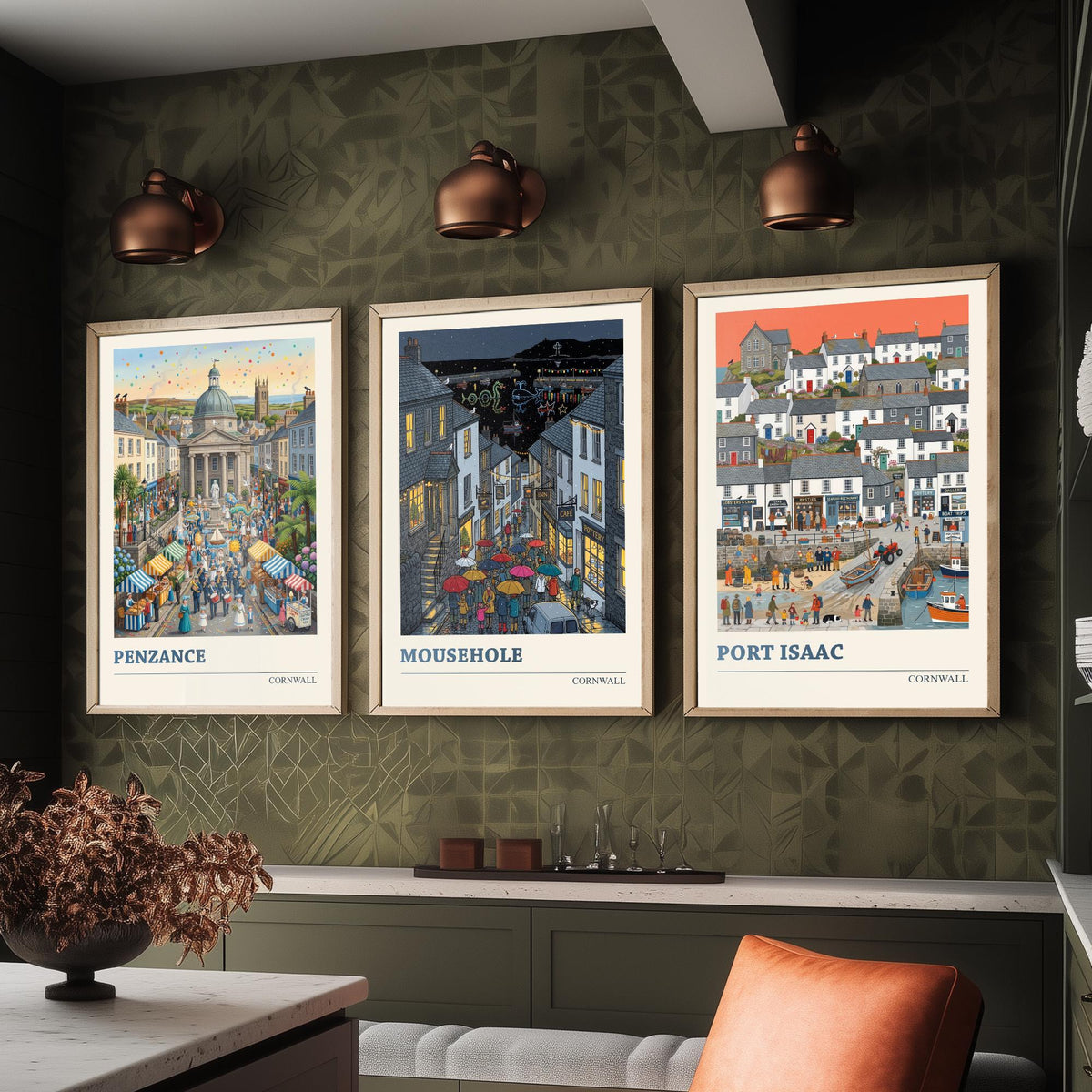 Cornwall Set of Three Art Prints - Penzance, Mousehole, Port Isaac - 3 Colourful Folk Illustration Travel Posters - Cornish Painting