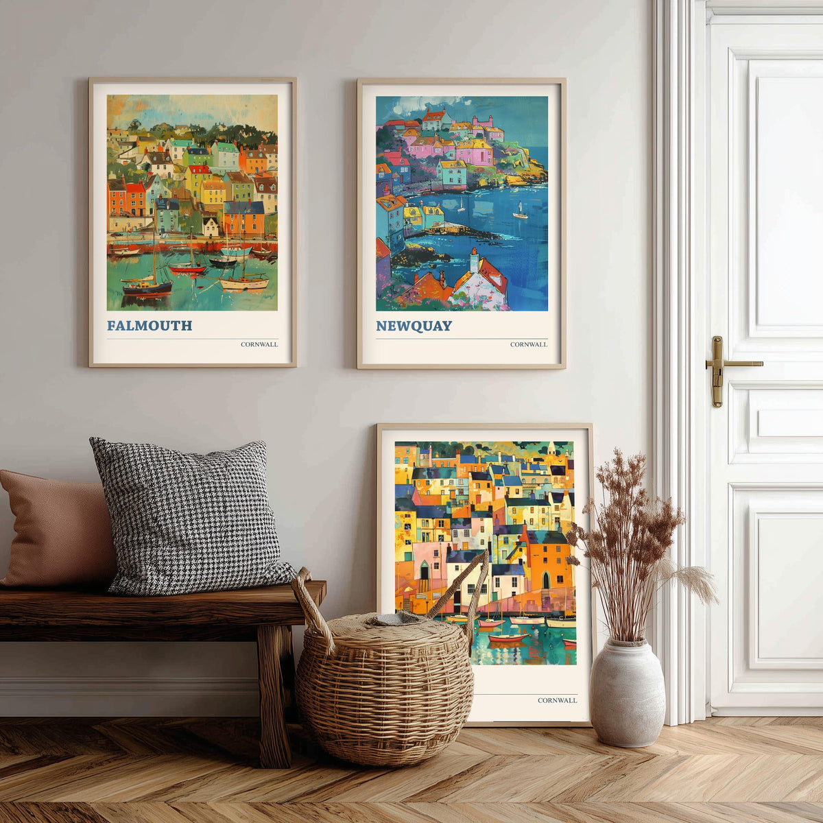 Cornwall Set of Three Art Prints V6 | Falmouth Newquay St Ives | Vibrant Fauvist Coastal Town Painting Wall Poster
