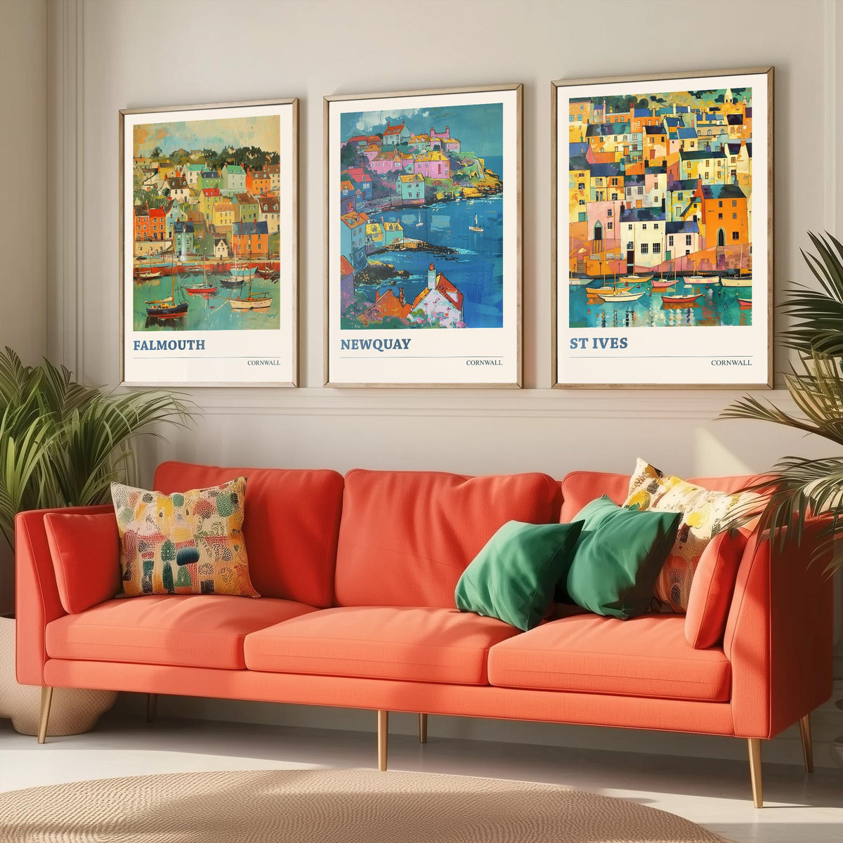 Cornwall Set of Three Art Prints V6 | Falmouth Newquay St Ives | Vibrant Fauvist Coastal Town Painting Wall Poster