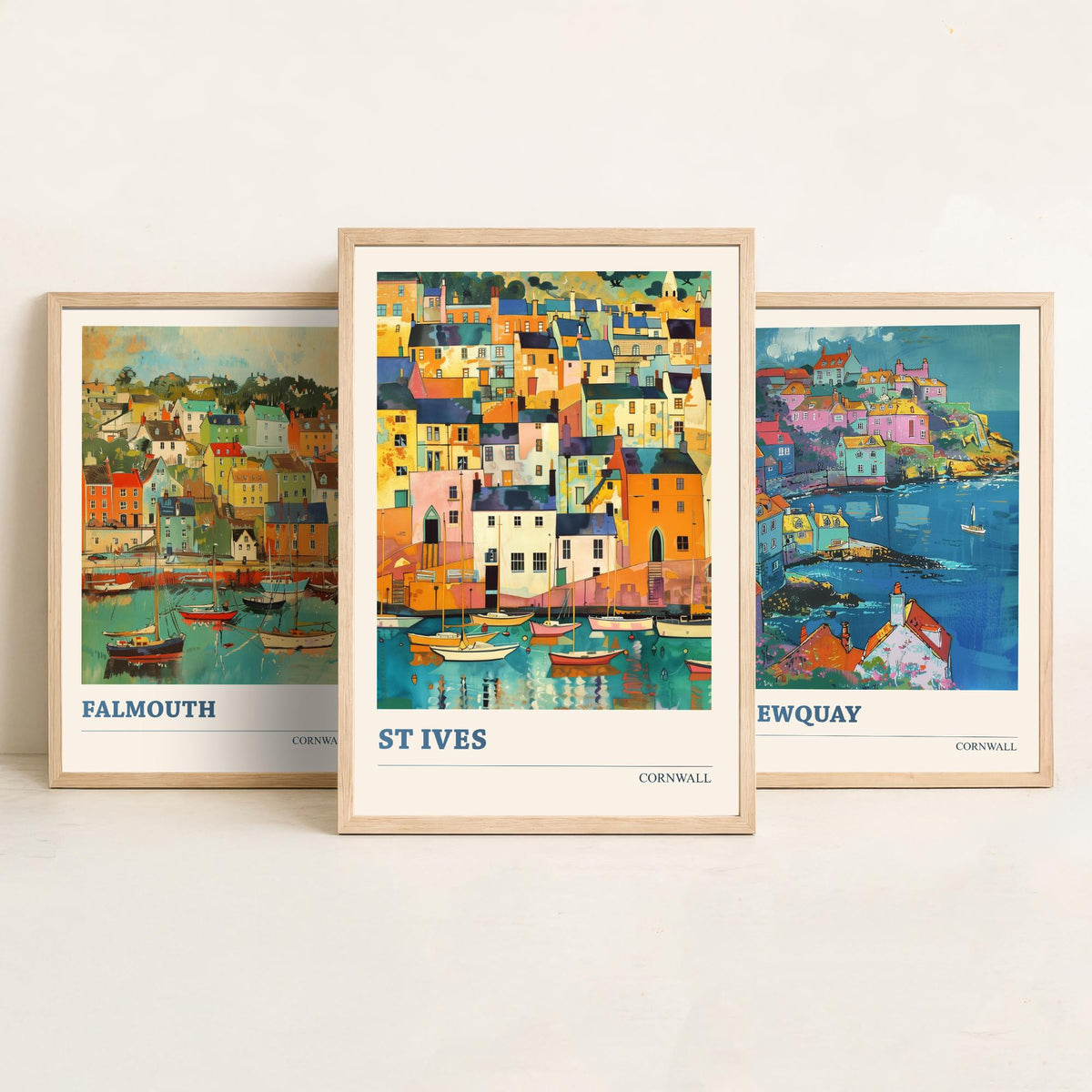 Cornwall Set of Three Art Prints V6 | Falmouth Newquay St Ives | Vibrant Fauvist Coastal Town Painting Wall Poster