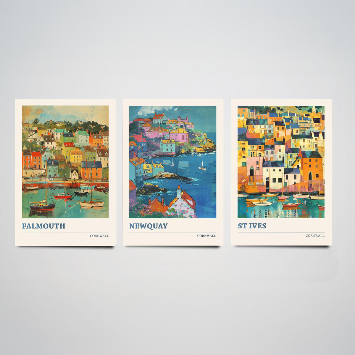 Cornwall Set of Three Art Prints V6 | Falmouth Newquay St Ives | Vibrant Fauvist Coastal Town Painting Wall Poster