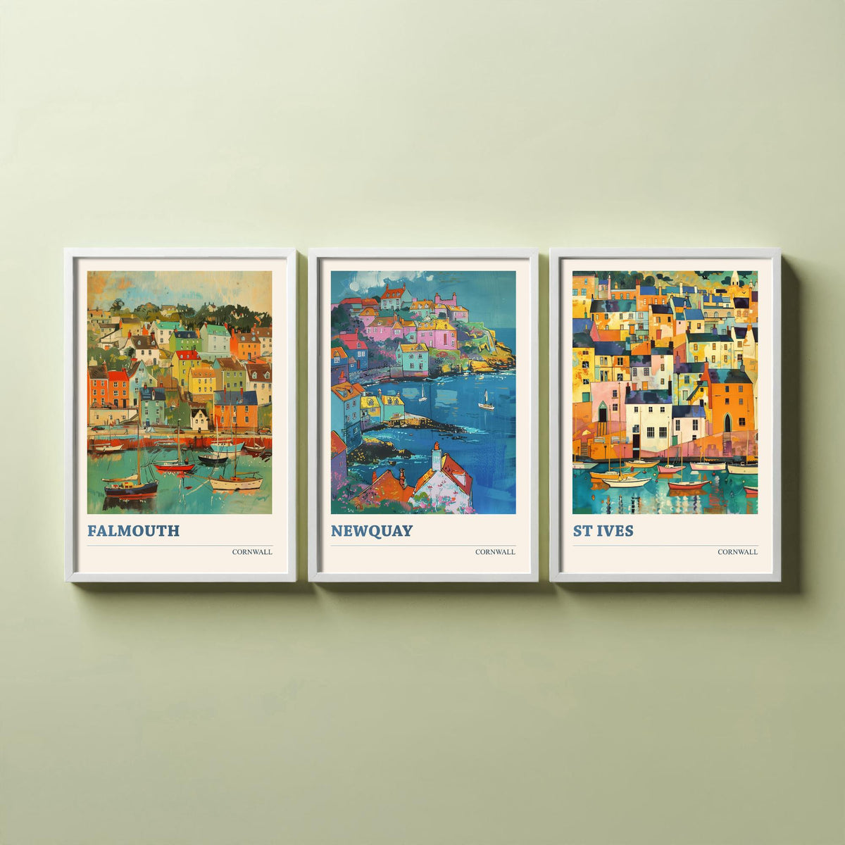 Cornwall Set of Three Art Prints V6 | Falmouth Newquay St Ives | Vibrant Fauvist Coastal Town Painting Wall Poster