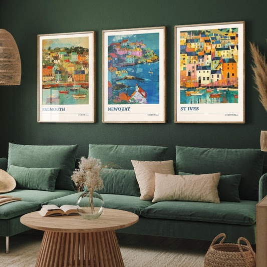 Cornwall Set of Three Art Prints V6 | Falmouth Newquay St Ives | Vibrant Fauvist Coastal Town Painting Wall Poster