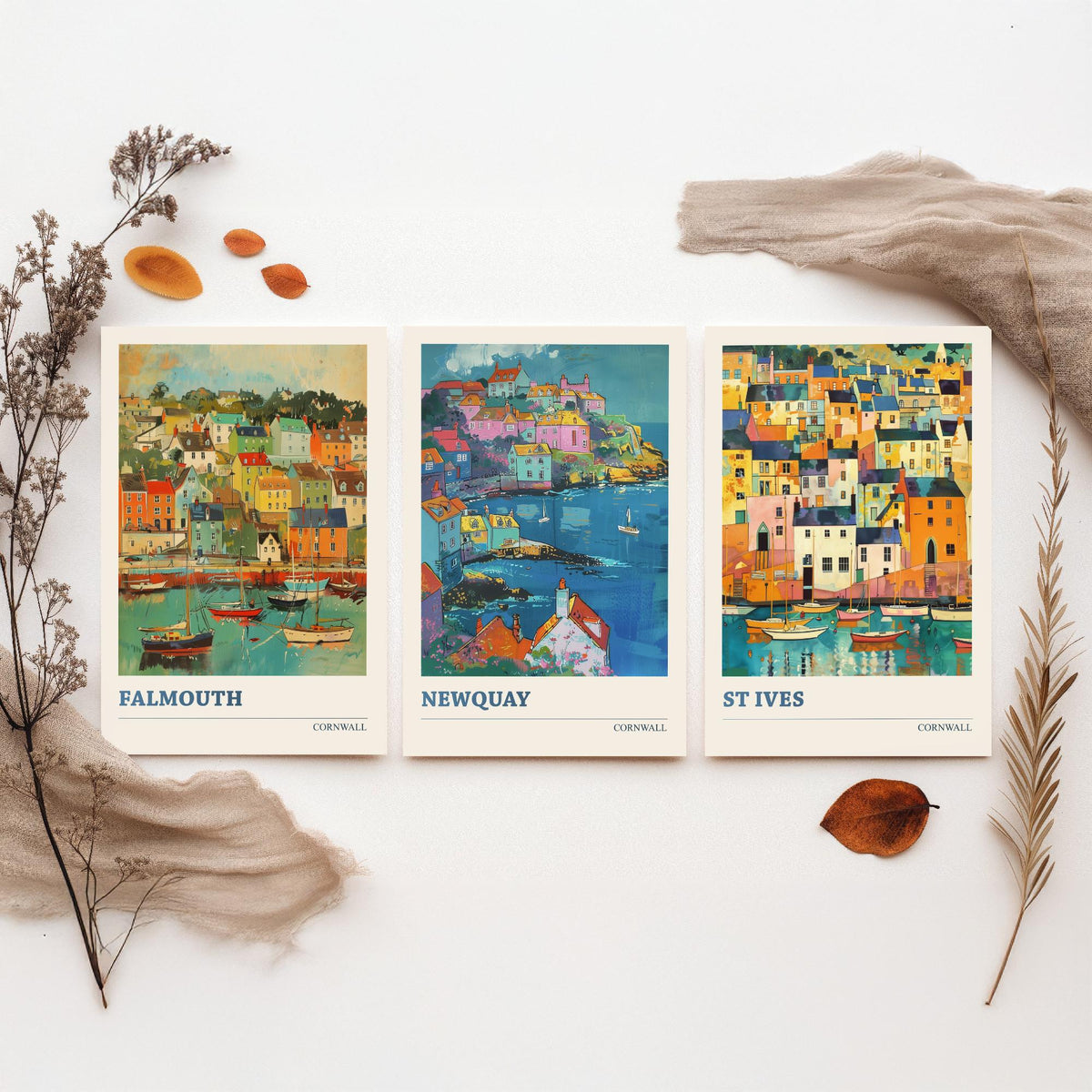 Cornwall Set of Three Art Prints V6 | Falmouth Newquay St Ives | Vibrant Fauvist Coastal Town Painting Wall Poster