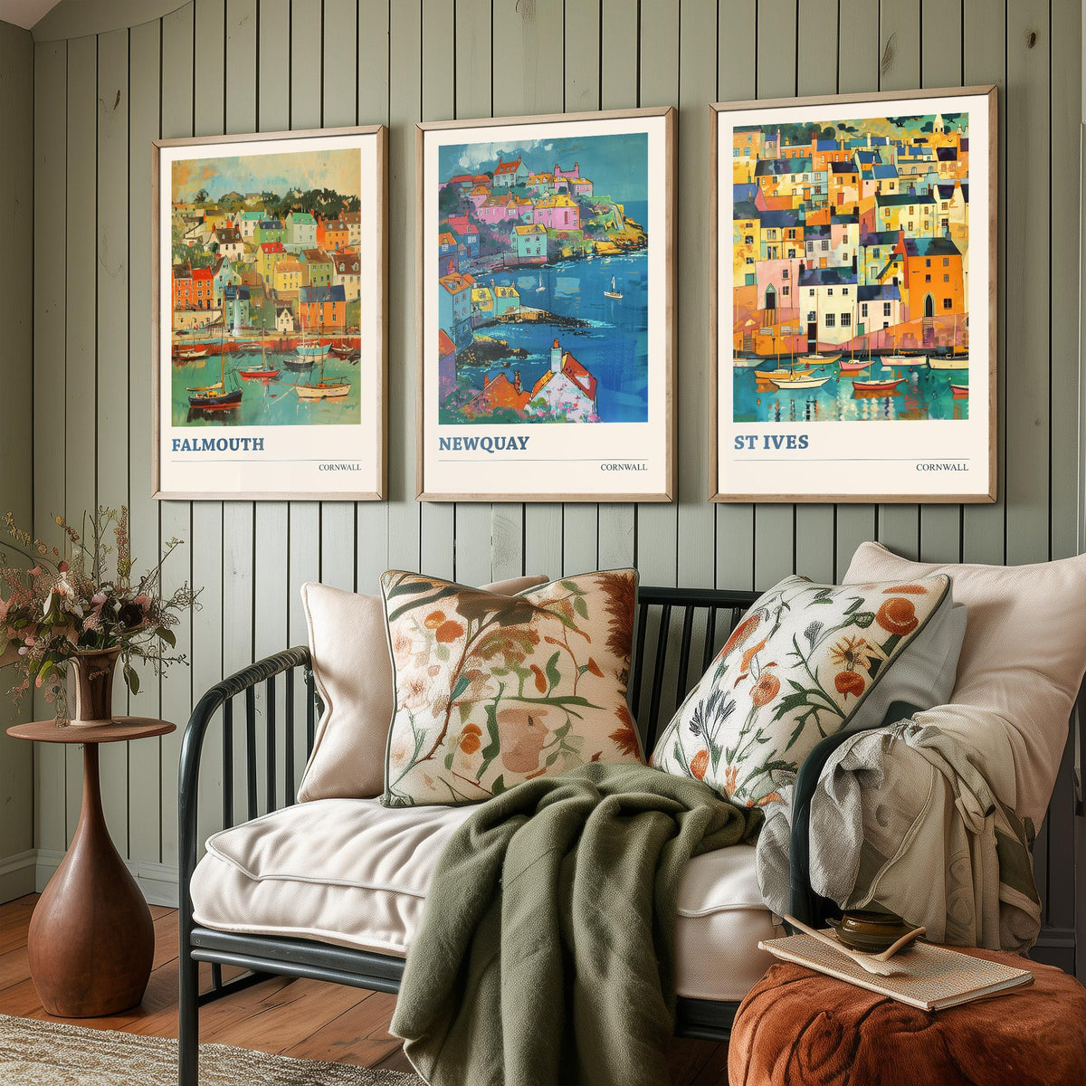 Cornwall Set of Three Art Prints V6 | Falmouth Newquay St Ives | Vibrant Fauvist Coastal Town Painting Wall Poster