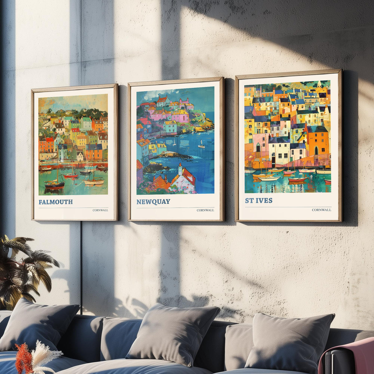 Cornwall Set of Three Art Prints V6 | Falmouth Newquay St Ives | Vibrant Fauvist Coastal Town Painting Wall Poster