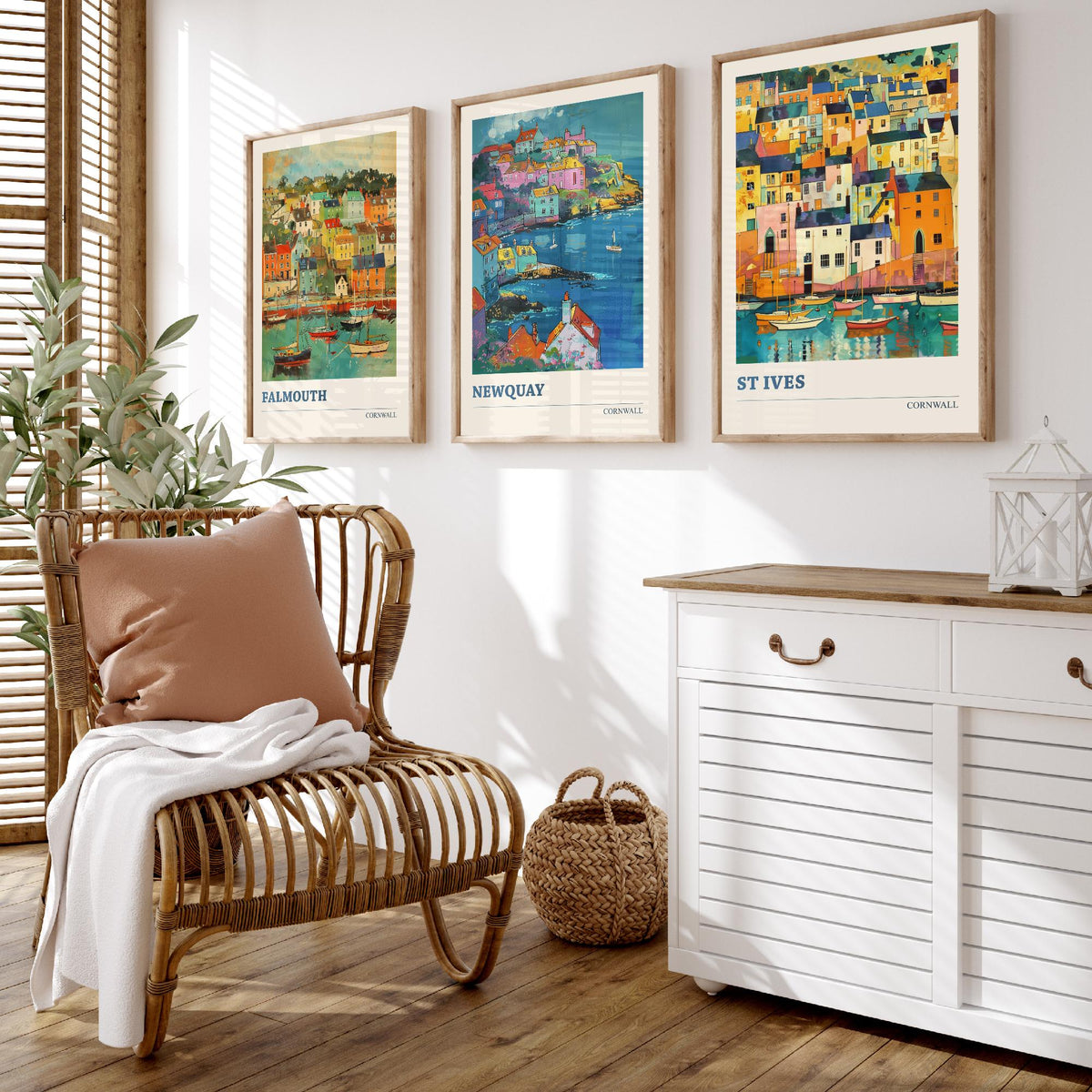 Cornwall Set of Three Art Prints V6 | Falmouth Newquay St Ives | Vibrant Fauvist Coastal Town Painting Wall Poster