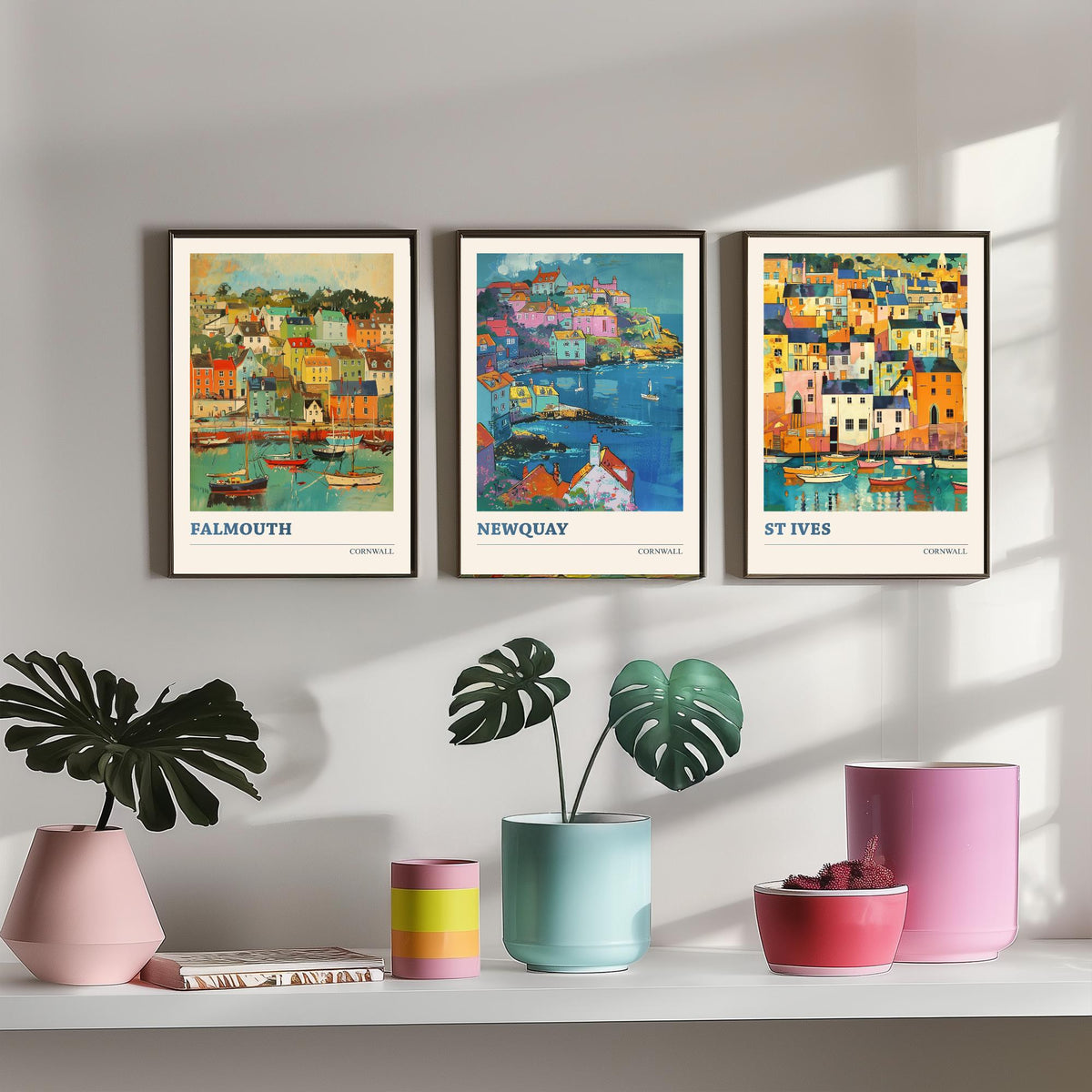 Cornwall Set of Three Art Prints V6 | Falmouth Newquay St Ives | Vibrant Fauvist Coastal Town Painting Wall Poster
