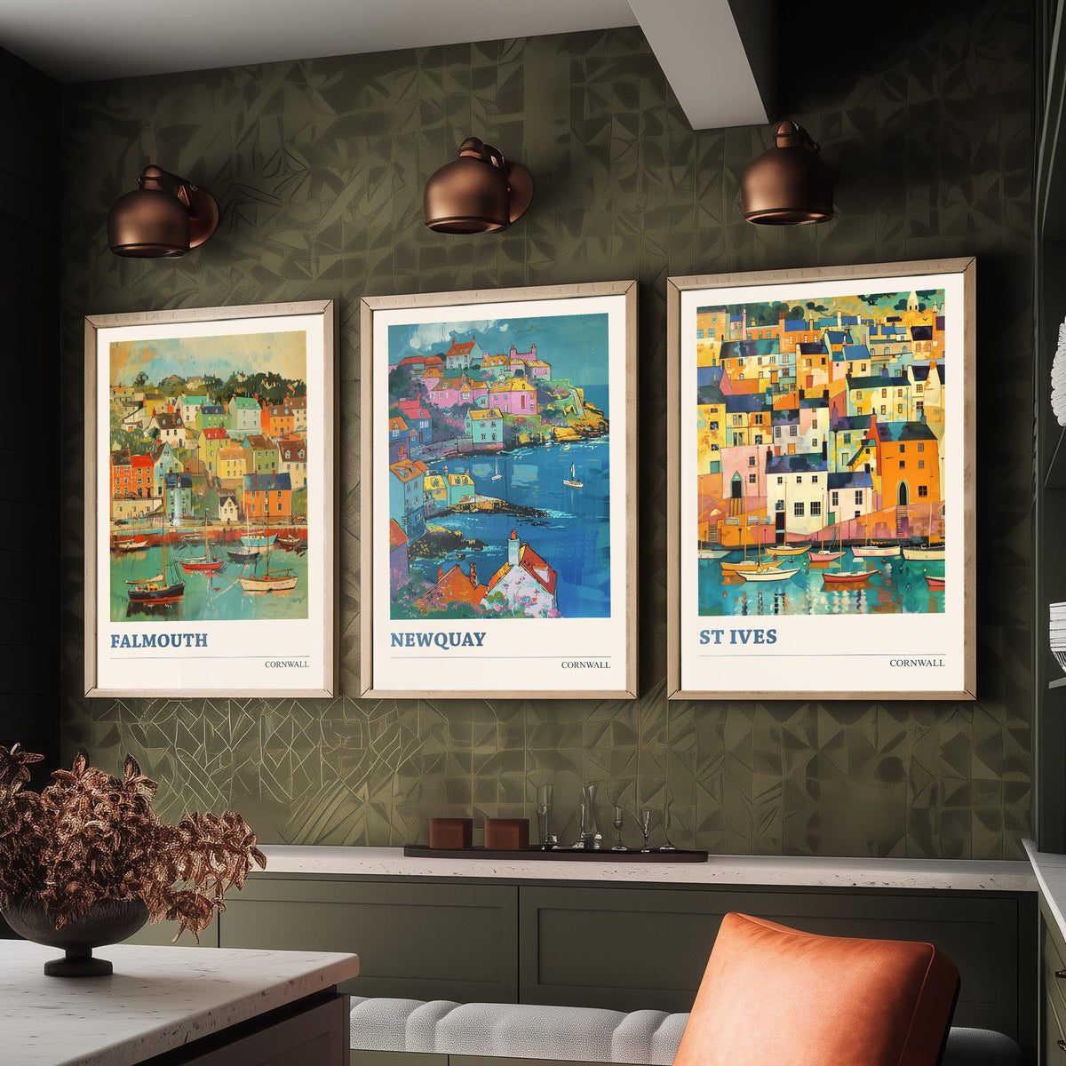 Cornwall Set of Three Art Prints V6 | Falmouth Newquay St Ives | Vibrant Fauvist Coastal Town Painting Wall Poster