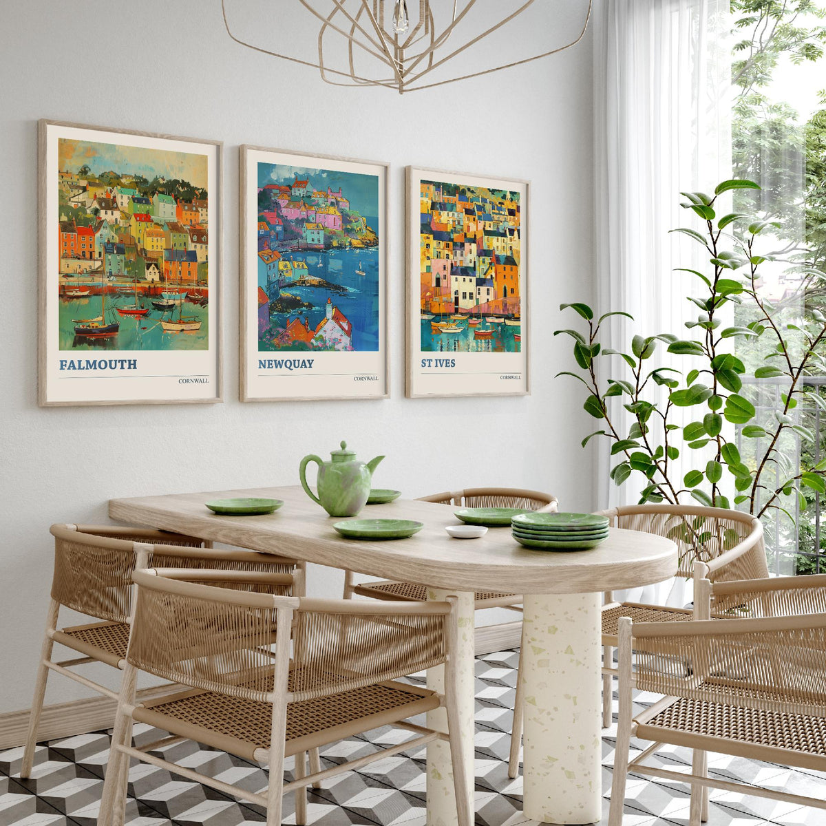 Cornwall Set of Three Art Prints V6 | Falmouth Newquay St Ives | Vibrant Fauvist Coastal Town Painting Wall Poster