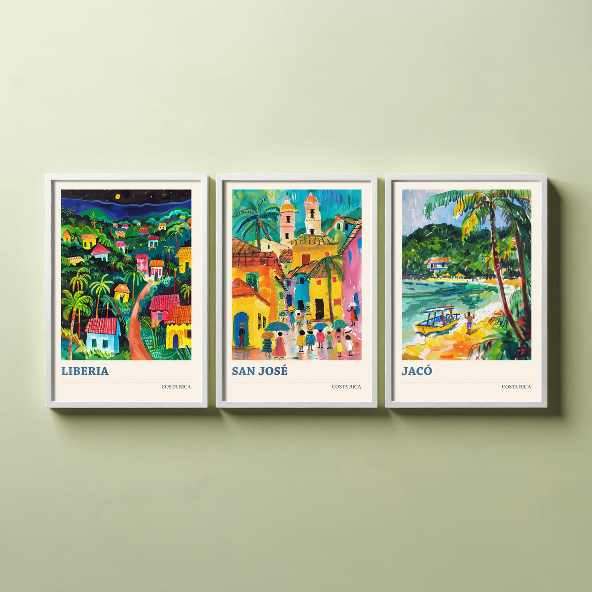 Costa Rica Set of Three Prints | Liberia San Jose Jaco | Vibrant Folk Art Travel Tropical Painting Wall Poster