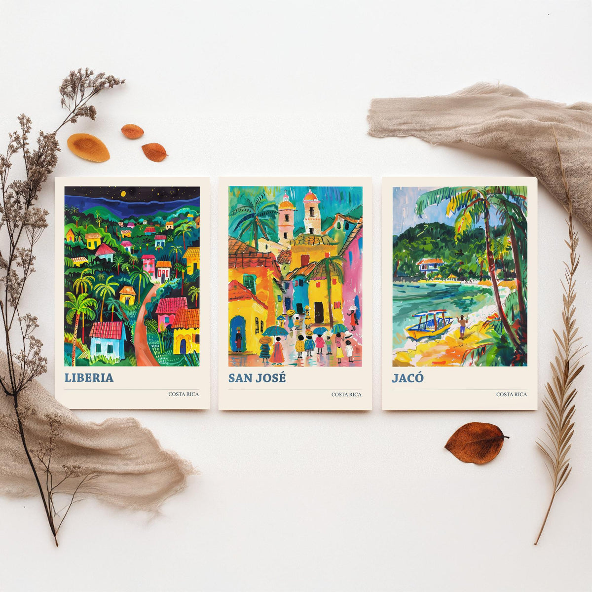 Costa Rica Set of Three Prints | Liberia San Jose Jaco | Vibrant Folk Art Travel Tropical Painting Wall Poster