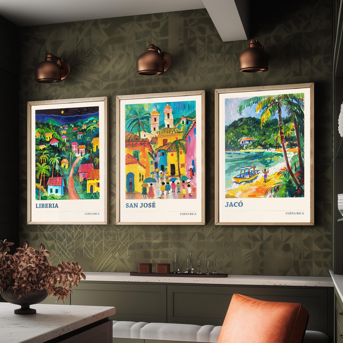 Costa Rica Set of Three Prints | Liberia San Jose Jaco | Vibrant Folk Art Travel Tropical Painting Wall Poster