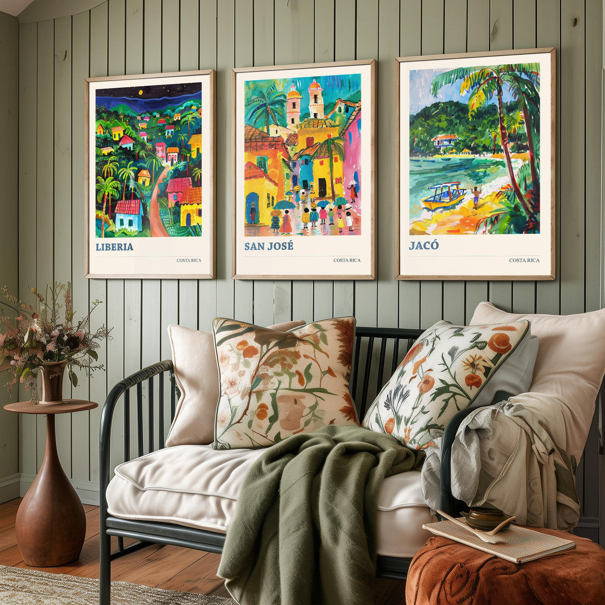 Costa Rica Set of Three Prints | Liberia San Jose Jaco | Vibrant Folk Art Travel Tropical Painting Wall Poster