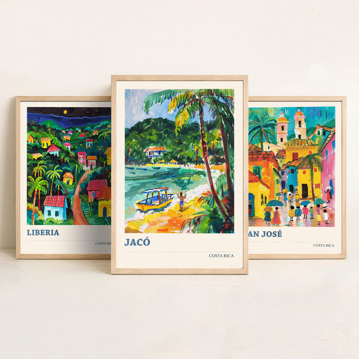 Costa Rica Set of Three Prints | Liberia San Jose Jaco | Vibrant Folk Art Travel Tropical Painting Wall Poster