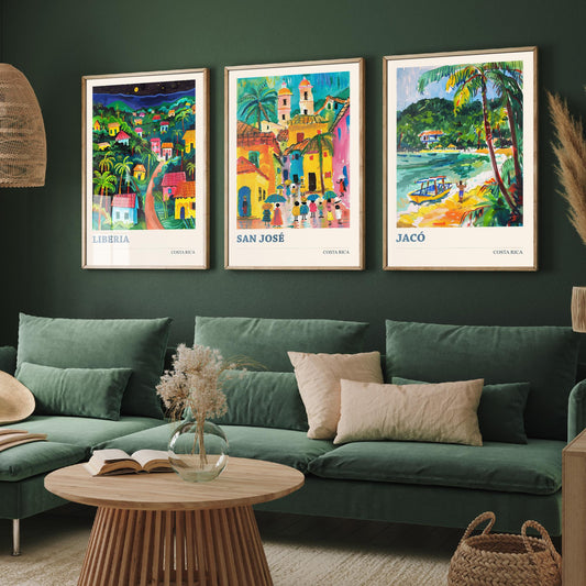 Costa Rica Set of Three Prints | Liberia San Jose Jaco | Vibrant Folk Art Travel Tropical Painting Wall Poster