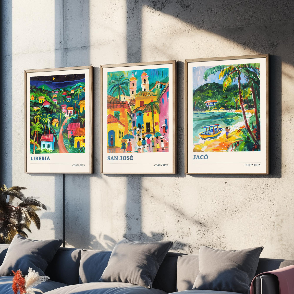 Costa Rica Set of Three Prints | Liberia San Jose Jaco | Vibrant Folk Art Travel Tropical Painting Wall Poster