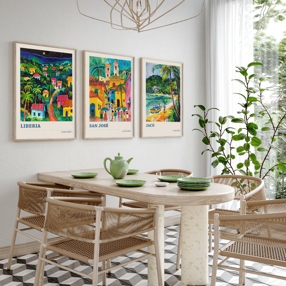 Costa Rica Set of Three Prints | Liberia San Jose Jaco | Vibrant Folk Art Travel Tropical Painting Wall Poster