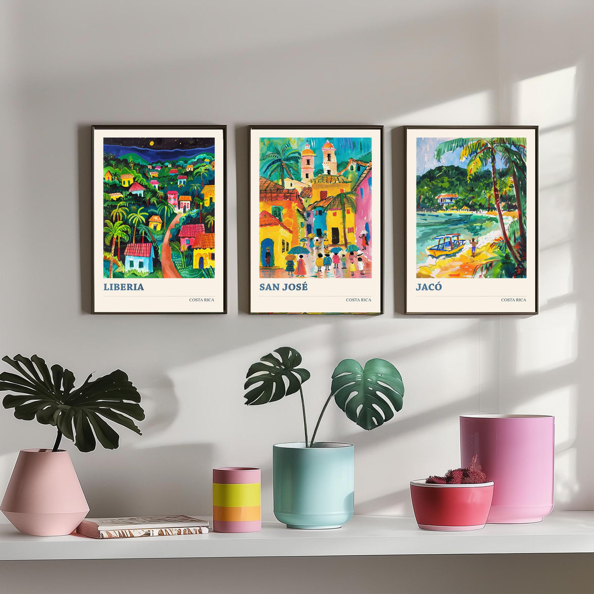 Costa Rica Set of Three Prints | Liberia San Jose Jaco | Vibrant Folk Art Travel Tropical Painting Wall Poster