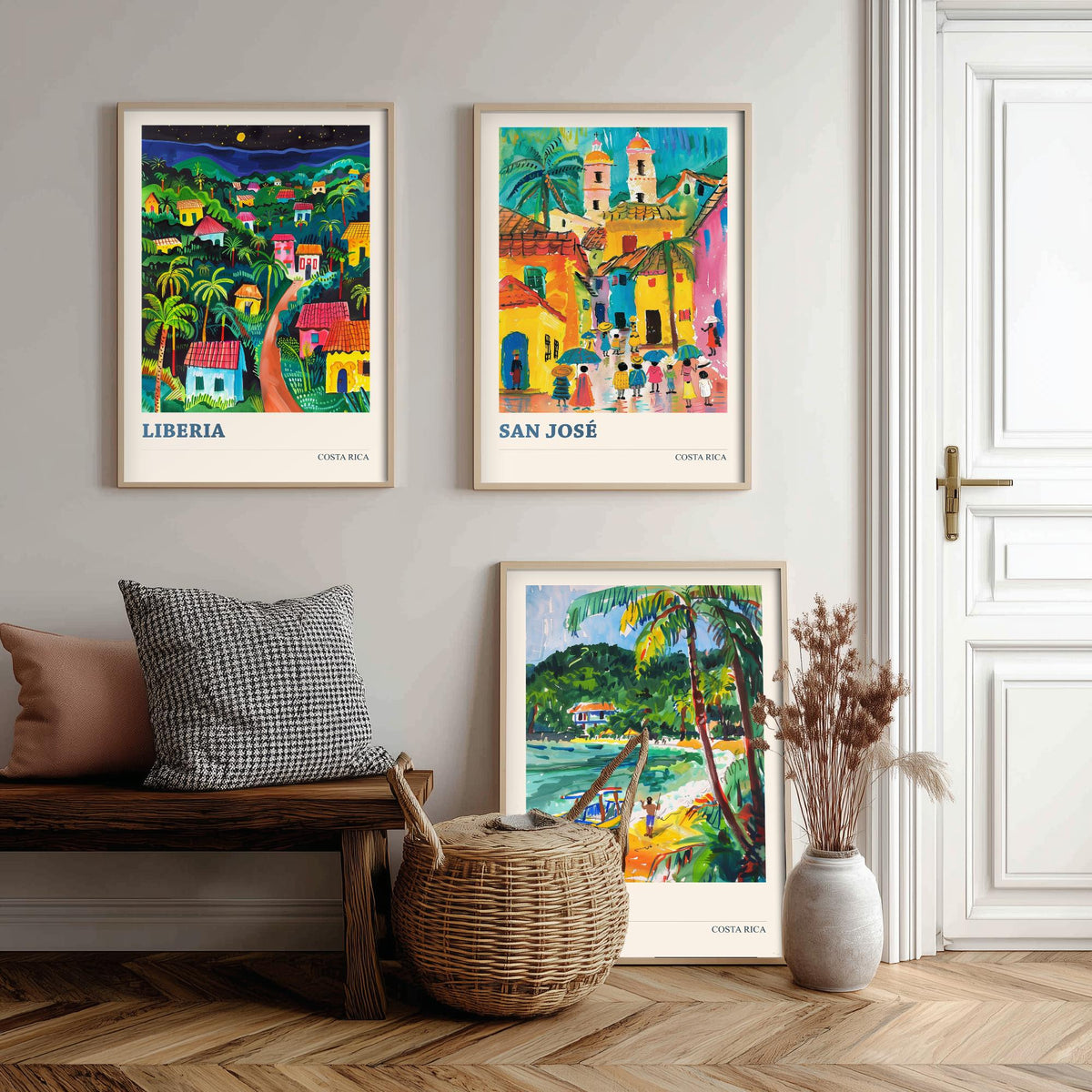 Costa Rica Set of Three Prints | Liberia San Jose Jaco | Vibrant Folk Art Travel Tropical Painting Wall Poster