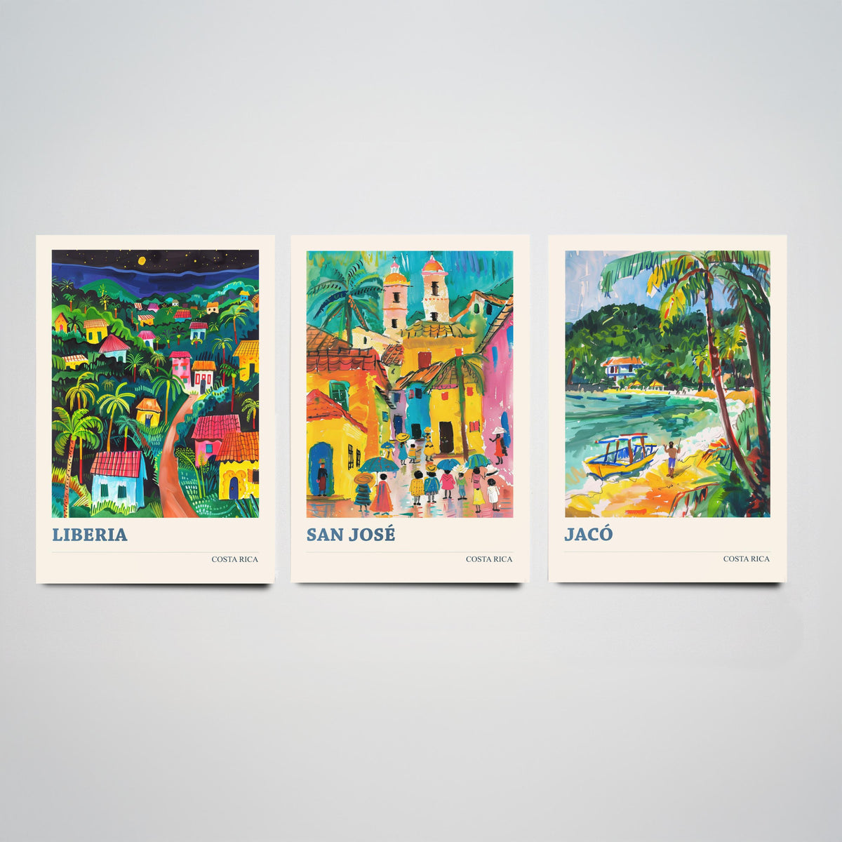 Costa Rica Set of Three Prints | Liberia San Jose Jaco | Vibrant Folk Art Travel Tropical Painting Wall Poster