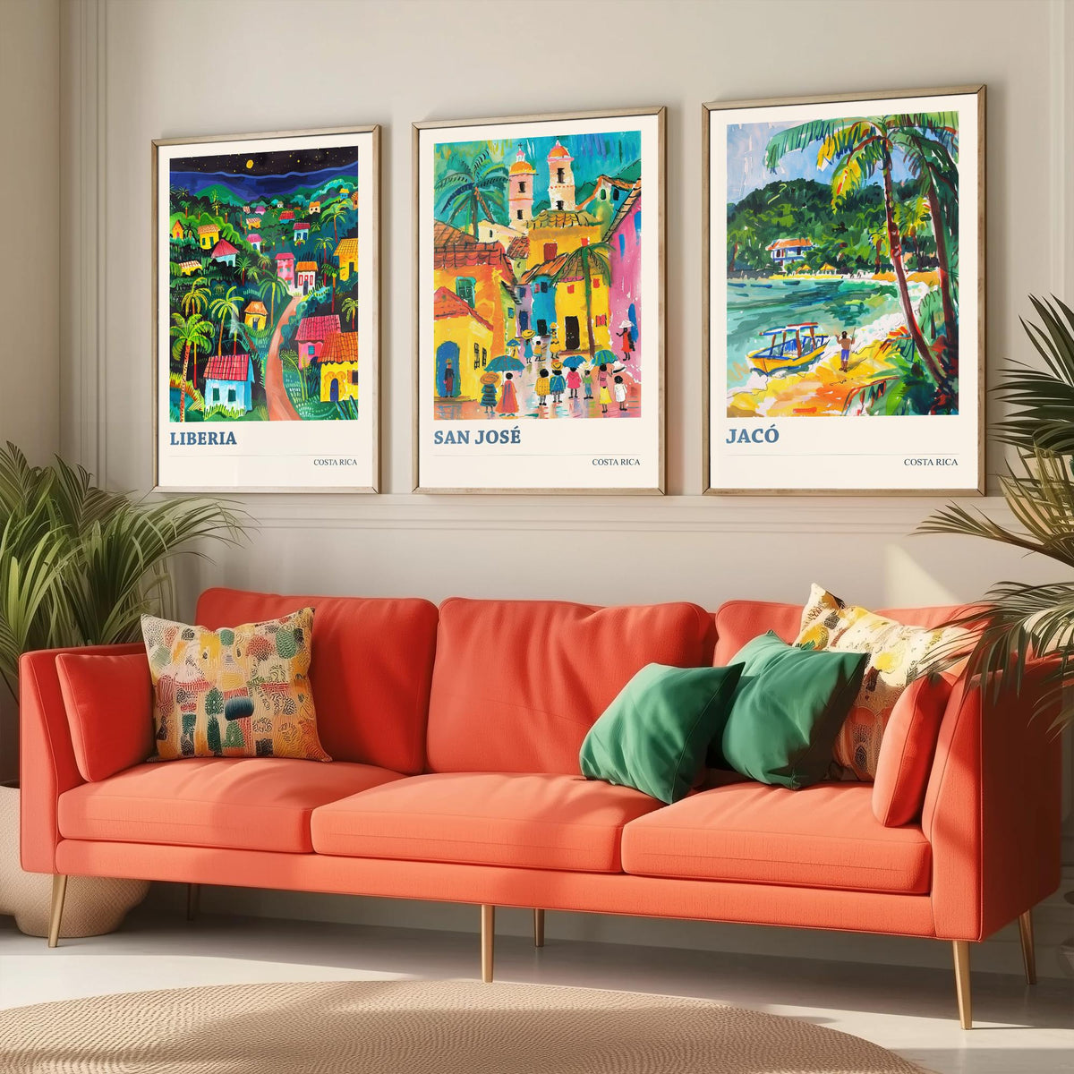 Costa Rica Set of Three Prints | Liberia San Jose Jaco | Vibrant Folk Art Travel Tropical Painting Wall Poster