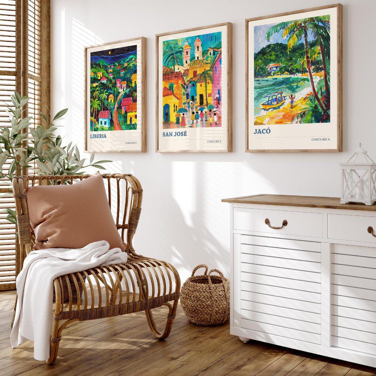 Costa Rica Set of Three Prints | Liberia San Jose Jaco | Vibrant Folk Art Travel Tropical Painting Wall Poster