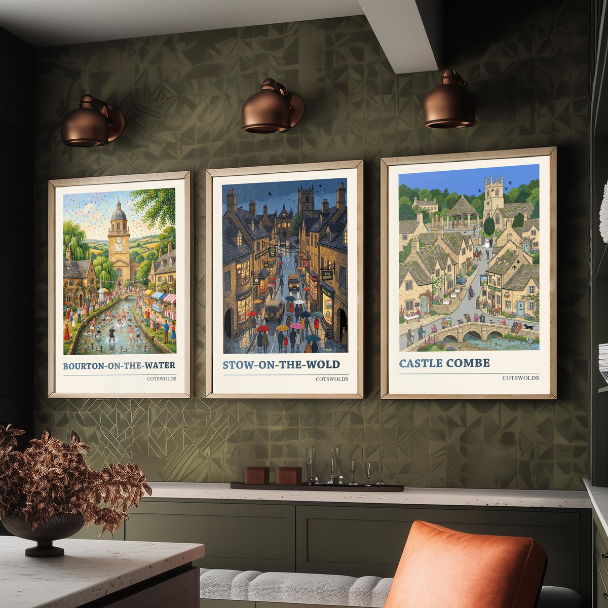 Cotswolds Set of Three Art Prints - Bourton-on-the-Water, Stow-on-the-Wold, Castle Combe - 3 Folk Illustration Travel Posters
