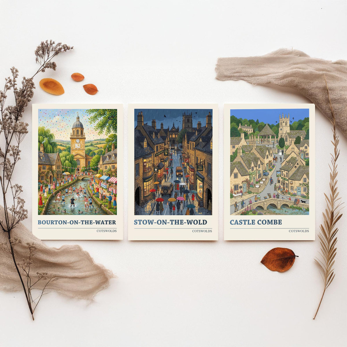 Cotswolds Set of Three Art Prints - Bourton-on-the-Water, Stow-on-the-Wold, Castle Combe - 3 Folk Illustration Travel Posters
