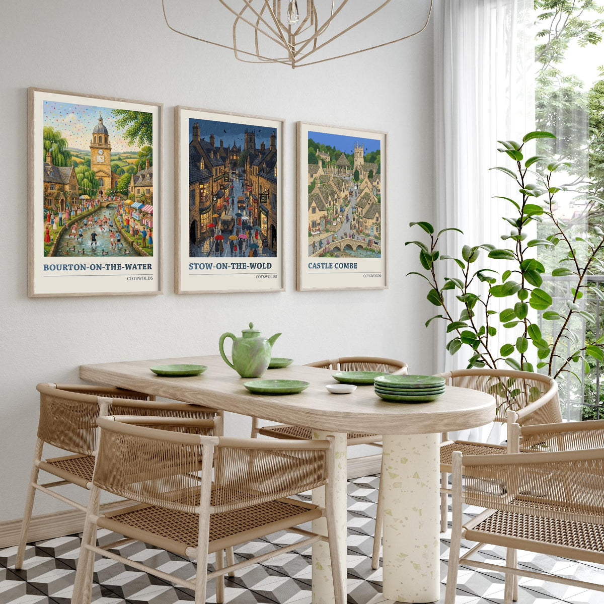 Cotswolds Set of Three Art Prints - Bourton-on-the-Water, Stow-on-the-Wold, Castle Combe - 3 Folk Illustration Travel Posters