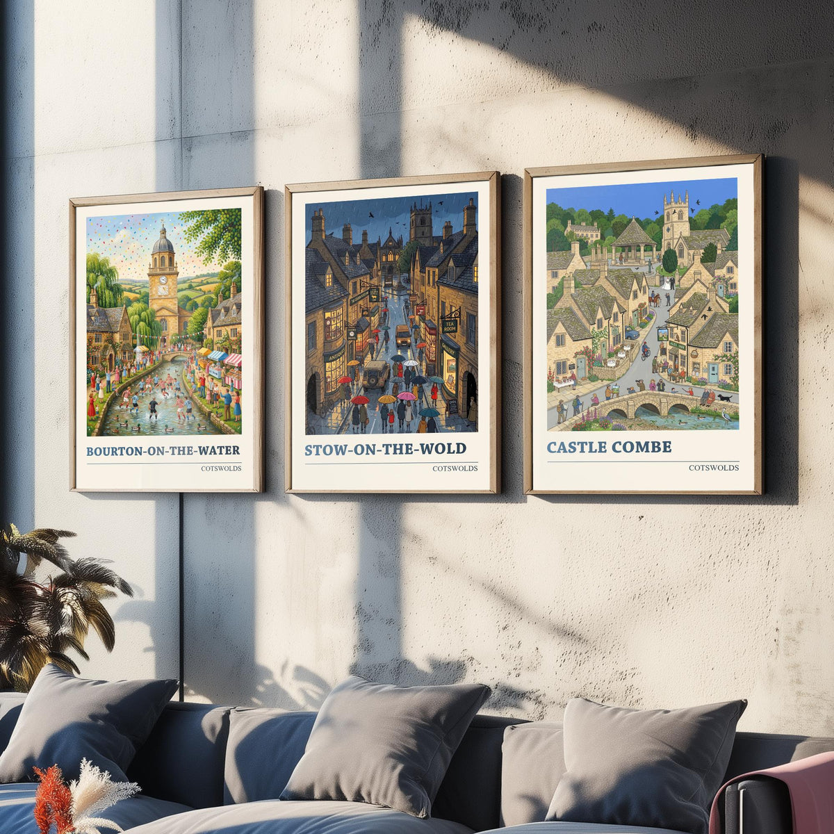 Cotswolds Set of Three Art Prints - Bourton-on-the-Water, Stow-on-the-Wold, Castle Combe - 3 Folk Illustration Travel Posters