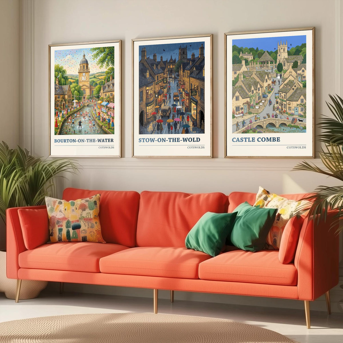 Cotswolds Set of Three Art Prints - Bourton-on-the-Water, Stow-on-the-Wold, Castle Combe - 3 Folk Illustration Travel Posters